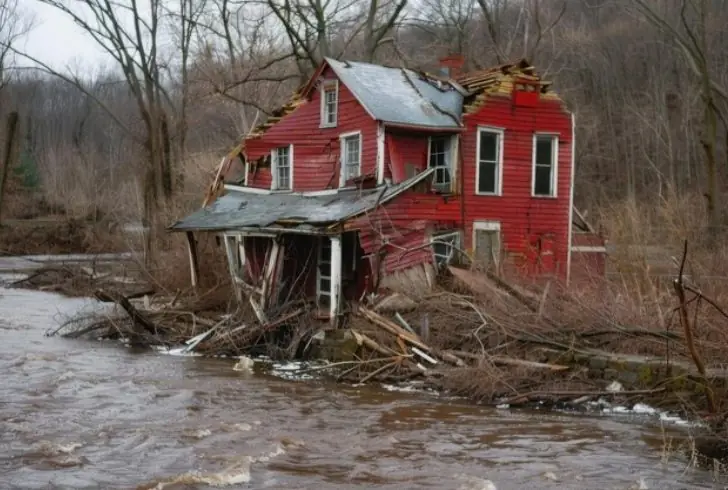 Flood damaged red house near river